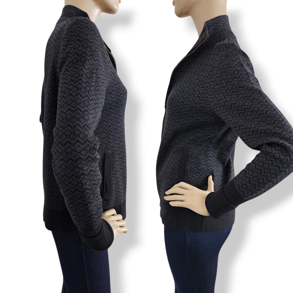 Aspen Black & Gray Geometric Print Zip-Up Sweater With Thumbholes Size Large - Picture 4 of 8